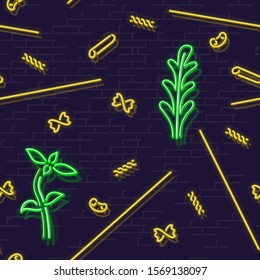 Neon pasta pattern with basil and arugula. Night illuminated image for postcard or social media image. Colorful icons on brick wall.