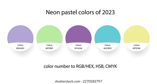 Neon pastel colors palette of 2023. Trend color guide collection in RGB, CMYK. Bright color set for fashion, home interior, design.