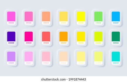 Neon and pastel pantone colour palette. Vector. Catalog samples neon in RGB HEX. Panton Color Catalog. Neumorphic UI UX white user interface web button. Neumorphism. Vector EPS 10.