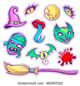 Neon patch badges of different Halloween attributes. Hand-drawn quirky stickers in old cartoon comic style. Set with witch hat and broom, cat, mummy, monster eyes, bloodstain, moon, lips.