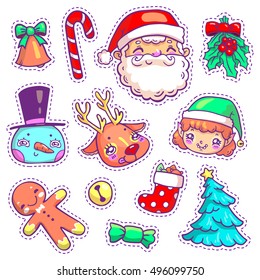 Neon patch badges of different Merry Christmas attributes. Set of Happy New Year stickers, pins, magnets in cartoon comic style. Santa Claus, snowman, elf, deer, gingerbread man.