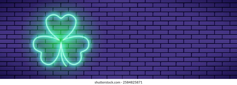 Neon Patrick's Day clover leaf or shamrock on the brick wall