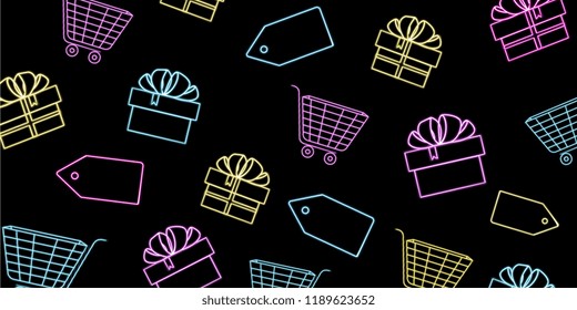 Neon pattern to Black Friday sale with gift boxes and shopping carts.
