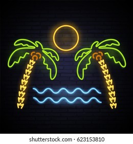 Neon pattern summer. Palm trees, sea, sun, island. A bright pattern of neon. Vector image