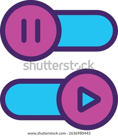 Neon pause and autoplay symbol. Neon autoplay off on icon on white background. Auto play on off icon. bright toggle on off sign. Neon Autoplay Button. Color Multimedia player.	