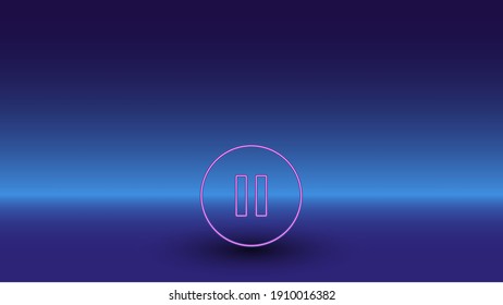 Neon pause symbol on a gradient blue background. The isolated symbol is located in the bottom center. Gradient blue with light blue skyline
