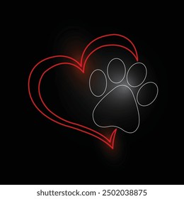 Estampado de patas de neón con corazón. Amor de mascotas. Amor de perro. Línea de arte. Brillante línea de neón. Aislado sobre fondo negro. Perro - amigo del humano. Caridad animal. Rescate y adopción de mascotas. Cuidado animal. Afecto de mascota. 
