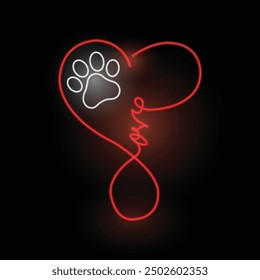 Estampado de patas de neón con corazón. Amor de mascotas. Amor de perro. Línea de arte. Brillante línea de neón. Aislado sobre fondo negro. Perro - amigo del humano. Caridad animal. Rescate y adopción de mascotas. Cuidado animal. Afecto de mascota. 
