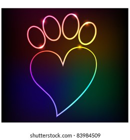 Neon paw print love.Vector