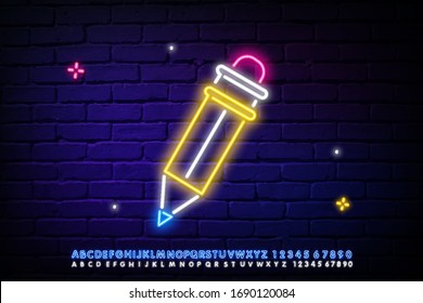 Neon pencil, bright icon. Office supplies, school, education design. Night bright neon sign, colorful Billboard, light banner. Vector illustration in neon style.