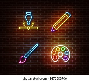 Neon pencil, paint tool, pen, brush signs vector isolated on brick wall. Drawing light symbol, decoration effect. Neon illustration.