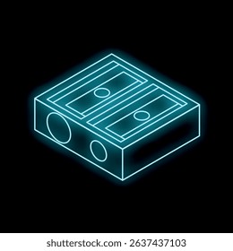 Neon pencil sharpener glowing on a black background, perfect for education or office supply themed projects