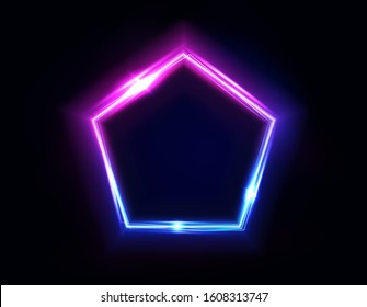 Neon Pentagon Frame Or Neon Lights Sign. Vector Abstract Background, Tunnel, Portal. Geometric Glow Outline Pentagon Shape Or Laser Glowing Lines. Abstract Background With Space For Your Text.