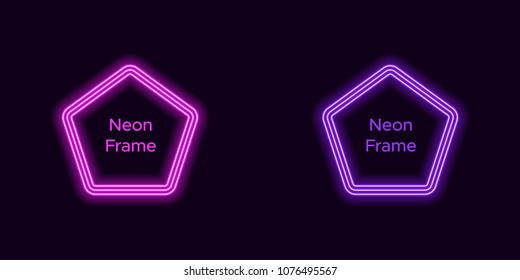 Neon pentagon frame in purple and violet color. Vector template of neon frame consisting of three outlines, with soft backlight on the dark background
