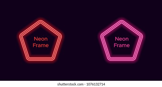 Neon pentagon frame in red and pink color. Vector template of neon frame consisting of three outlines, with soft backlight on the dark background