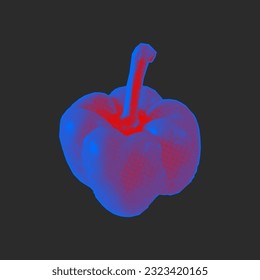 Neon pepper in halftone style. Bright glowing vegetable, blue and red color, vector collage element on a dark background.