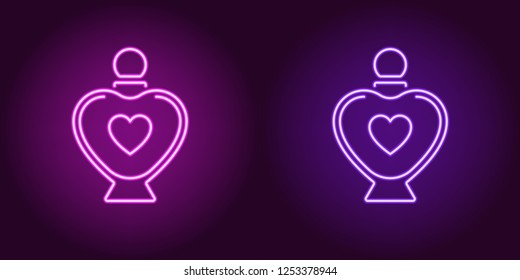 Neon perfume bottle, glowing icon. Vector illustration of perfume flacon with heart and backlight in neon style, purple and violet colors. Glowing sign and fashion symbol for Valentine day