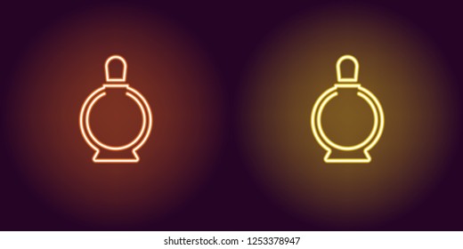 Neon perfume bottle, glowing icon. Vector illustration of perfume flacon with backlight in neon style, orange and yellow colors. Glowing sign and fashion symbol for Beauty industry
