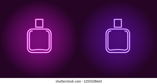Neon perfume bottle, glowing icon. Vector illustration of perfume flacon with backlight in neon style, purple and violet colors. Glowing sign and fashion symbol for Beauty industry