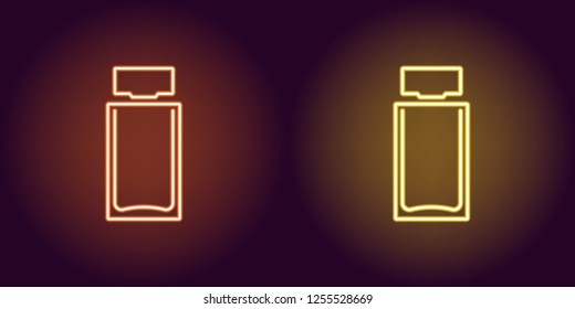 Neon perfume bottle, glowing icon. Vector illustration of perfume flacon with backlight in neon style, orange and yellow colors. Glowing sign and fashion symbol for Beauty industry