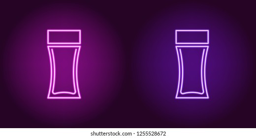 Neon perfume bottle, glowing icon. Vector illustration of perfume flacon with backlight in neon style, purple and violet colors. Glowing sign and fashion symbol for Beauty industry