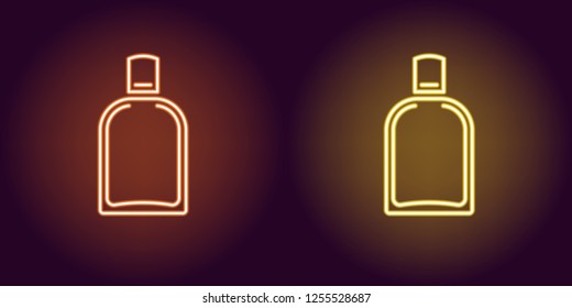 Neon perfume bottle, glowing icon. Vector illustration of perfume flacon with backlight in neon style, orange and yellow colors. Glowing sign and fashion symbol for Beauty industry