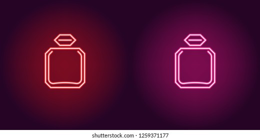 Neon perfume bottle, glowing icon. Vector illustration of perfume flacon with backlight in neon style, red and pink colors. Glowing sign and fashion symbol for Beauty industry