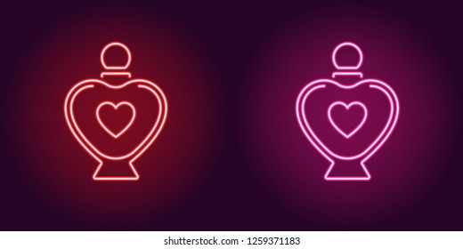 Neon perfume bottle, glowing icon. Vector illustration of perfume flacon with heart and backlight in neon style, red and pink colors. Glowing sign and fashion symbol for Valentine day