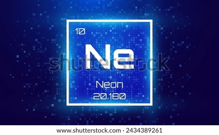 Neon. Periodic Table Element with Symbol Ne. Chemical Element Card with Number and Atomic Weight. Design for Education, Lab, Science Class. Vector Illustration.