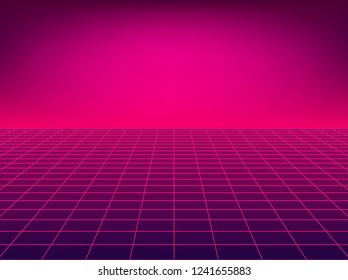 Neon perspective grid. Retro floor background in 80s style.