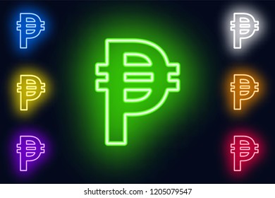 Neon Philippine Peso sign in various color options on a dark background .