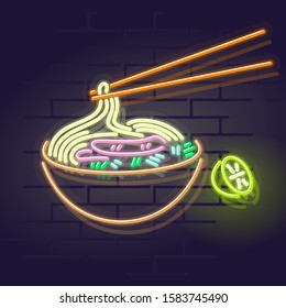 Neon pho bo bowl icon on brick wall background. Vietnamese cuisine, asian noodle soup. Vector isolated illustration for restaurant menu or flyer.