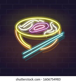 Neon pho bo bowl icon on brick wall background. Vietnamese cuisine, asian noodle soup. Vector isolated illustration for restaurant menu or flyer.