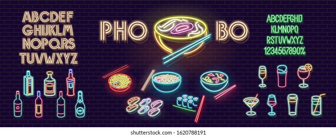 Neon pho bo noodles for bar sign, logo. Lots of ramen, soup, sushi, rolls and asian food. Bottles and cocktails for drink menu. Two variations of alphabet and digits.