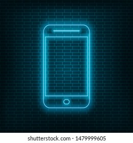 Neon phone icon, blue neon phone on wall background, vector illustration