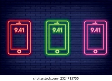 Neon Phone icon. Glowing neon cellphone sign, isolated smartphone set in different vivid colors. Glossy icon, sign, symbol for UI design. many colors.