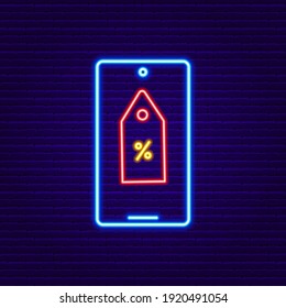 Neon Phone with Shopping Tag Sign. Vetor Illustration of Online Store.