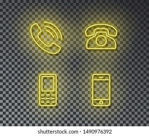 Neon phone signs vector isolated on brick wall. Phone, cellphone, smartphone, retro telephone light symbol, decoration effect. Neon call devices  illustration.