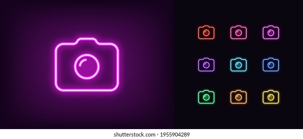 Neon photo camera icon. Glowing neon camera sign, outline photo shooting pictogram in vivid colors. Digital photography, photo studio, content production. Vector icon set, sign, symbol for UI