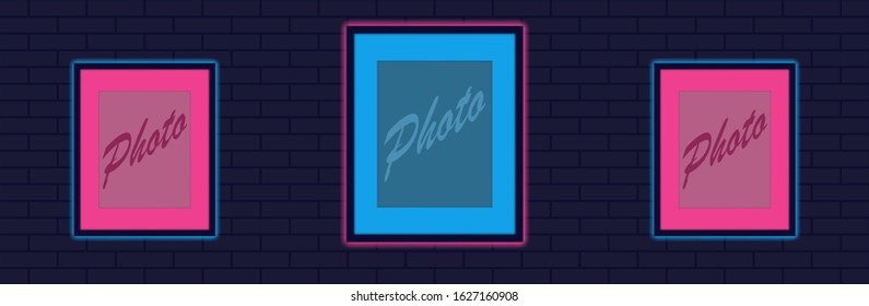 Neon photo frames on dark brick wall, vector illustration.