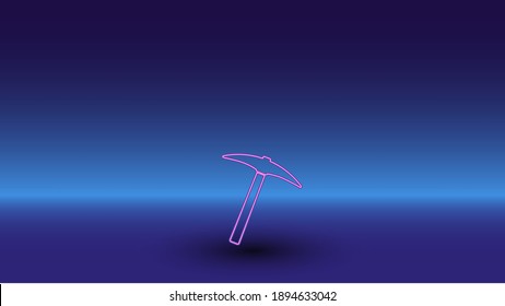 Neon pickaxe symbol on a gradient blue background. The isolated symbol is located in the bottom center. Gradient blue with light blue skyline