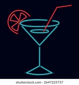 Imagem de néon. Um copo de martini com uma fatia de fruta. Em um fundo escuro, uma silhueta de néon brilhante é desenhada em um vetor.