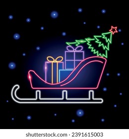 NEON PICTURE ON CHRISTMAS THEME, GIFTS, CHRISTMAS TREE, SANTA'S SLEIGH. VECTOR ILLUSTRATION