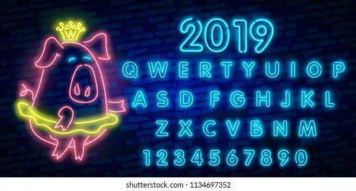Neon pig. Symbol of 2019 year. Retro Design Elements for Presentations, Flyers, Leaflets, Posters or Postcards. Vector Illustration. Vector illustration