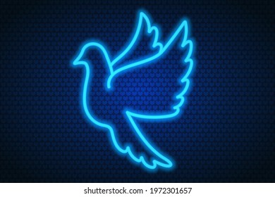 Neon pigeon. The bird flaps its wings. Colored vector illustration. Isolated background of blue hearts. Blue bird. Valentines Day. Symbol of marriage. Neon glow. The dove is a symbol of peace. 