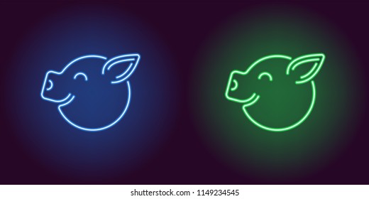 Neon piglet face in blue and green color. Vector illustration of cartoon Pig head with smile in glowing neon style. Illuminated graphic element for decoration of New Year holiday