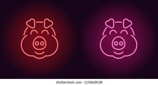 Neon piglet face in red and pink color. Vector illustration of cartoon Pig head with smile in glowing neon style. Illuminated graphic element for decoration of New Year holiday