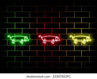 Neon piglet face. Vector illustration of cartoon pig head with smile in glowing neon style. neon style dog. Illuminated graphic element. many colors.