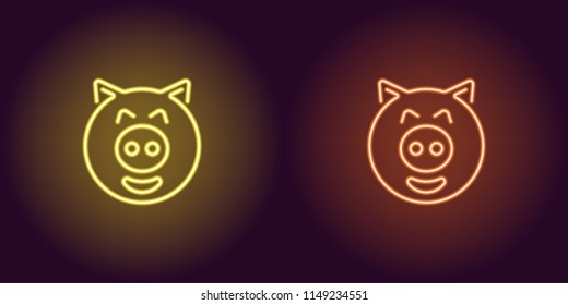 Neon piglet face in yellow and orange color. Vector illustration of cartoon Pig head with smile in glowing neon style. Illuminated graphic element for decoration of New Year holiday