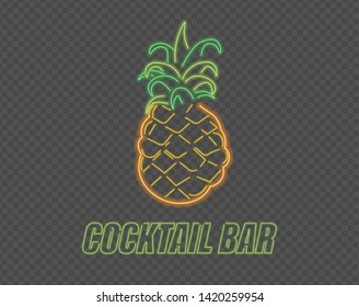 Neon pineapple cocktail sign Vector. Summer party banner poster menu